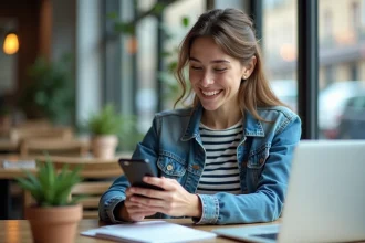 Etudiante souriante avec ordinateur et smartphone dans un café