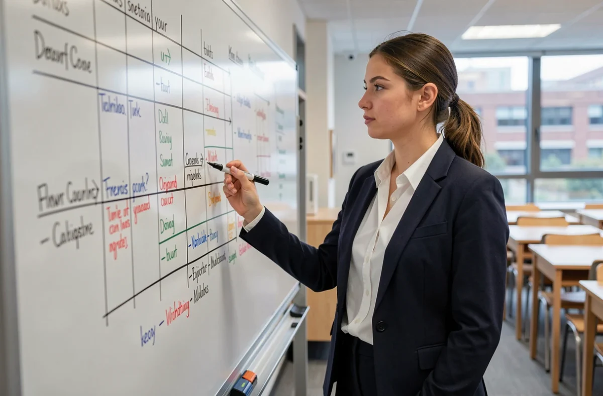 Étudiante en STMG présentant un tableau de caractérisation d'entreprise au tableau blanc dans une salle de cours moderne