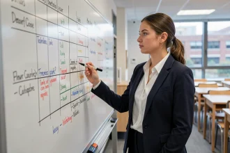 Étudiante en STMG présentant un tableau de caractérisation d'entreprise au tableau blanc dans une salle de cours moderne