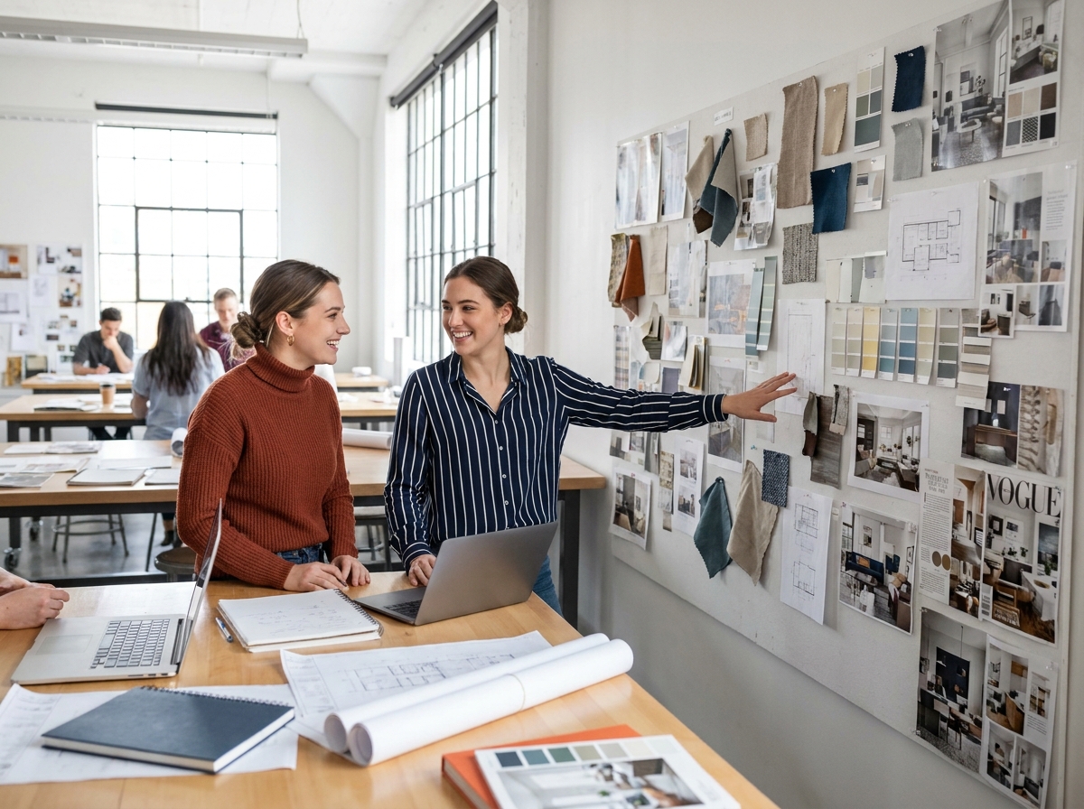 Deux étudiantes en architecture d'intérieur collaborant devant un moodboard dans un atelier universitaire à Toulouse