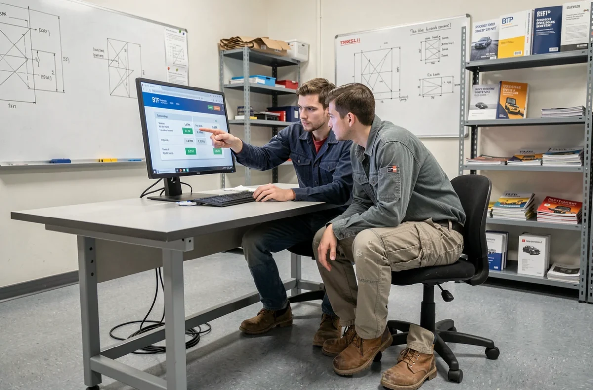 Deux étudiants en formation BTP comparant les options tarifaires d'une plateforme de formation professionnelle sur un ordinateur