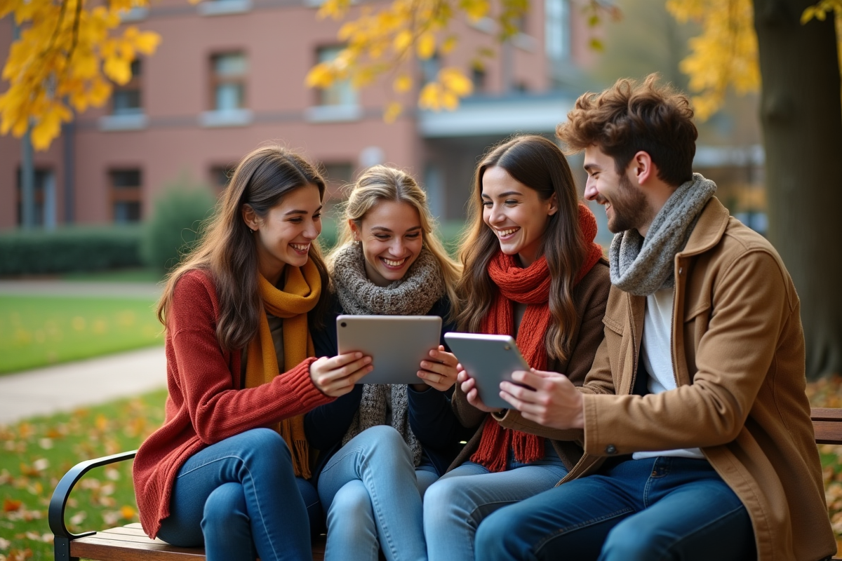 Quatre étudiants riant ensemble dans une cour extérieure