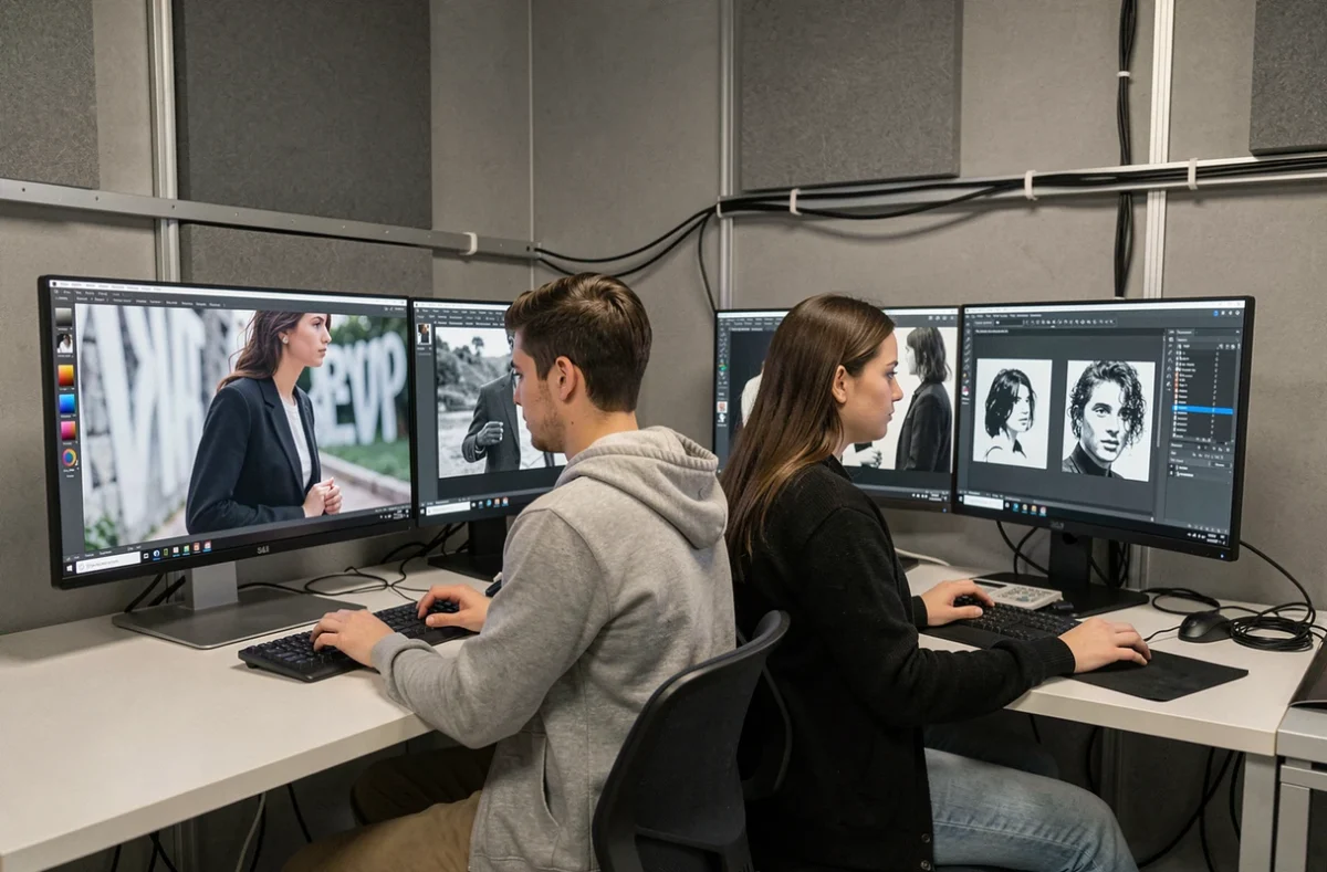 Deux étudiants en photographie à Toulouse comparant un projet artistique et une production commerciale sur écrans en salle de montage