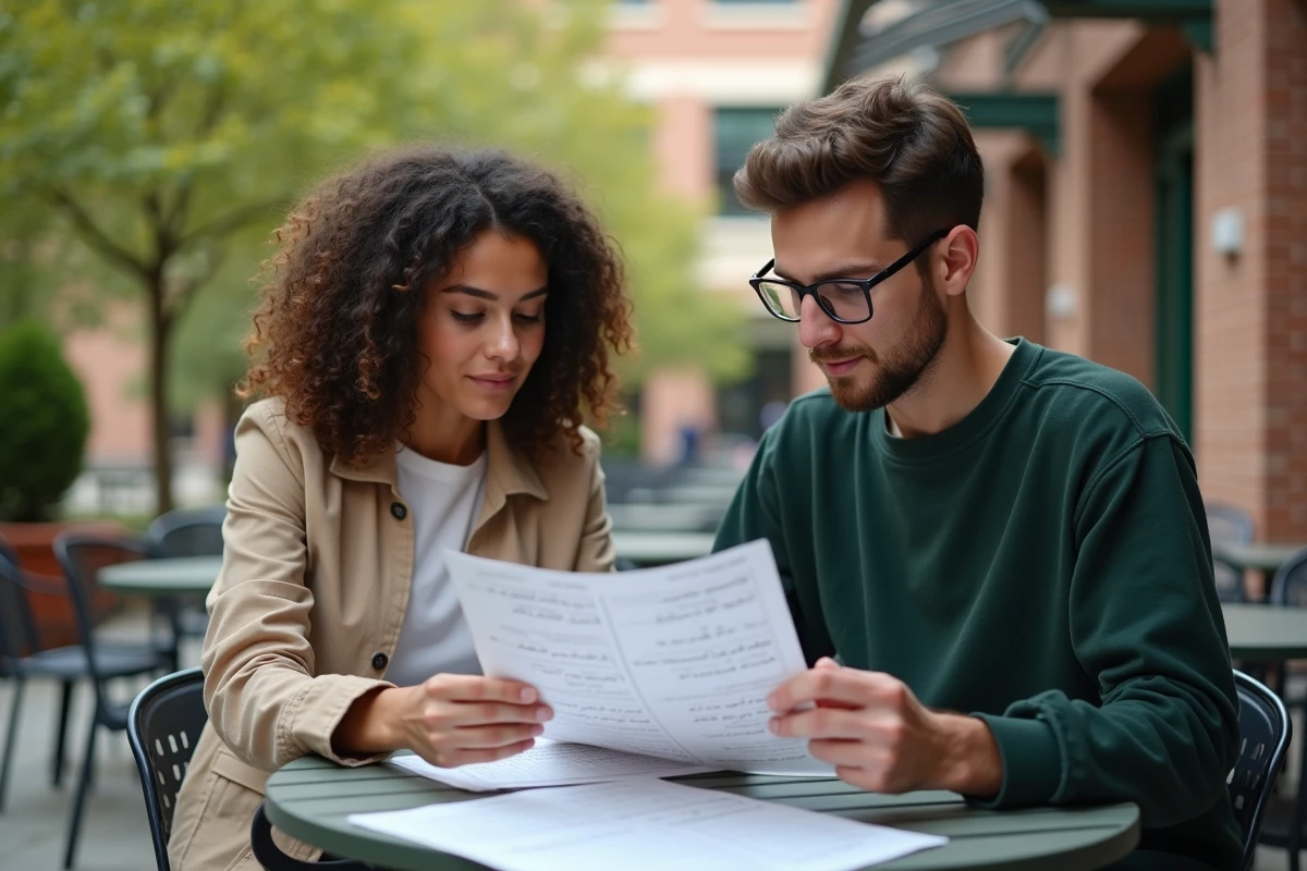Deux étudiants révisant l'arabe ensemble en terrasse avec des flashcards et un planning hebdomadaire