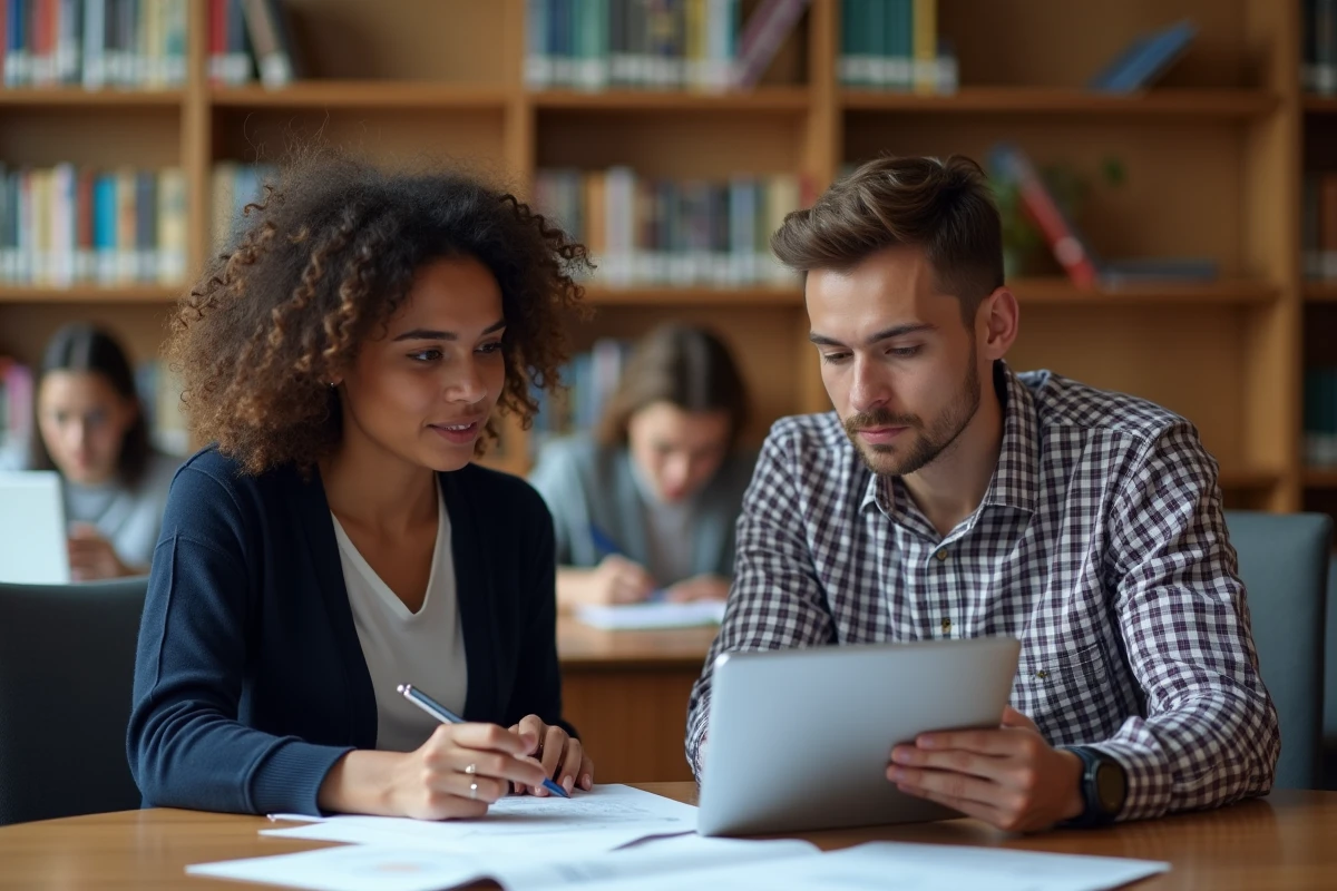 Deux étudiants de filières différentes révisant ensemble les critères de sélection du programme cadet d'Air France dans une bibliothèque universitaire