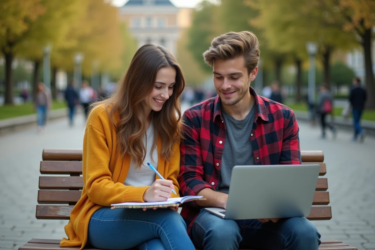 Deux étudiants comparant les résultats d'une simulation de bourse CROUS ensemble sur un campus universitaire en plein air