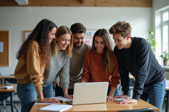 Groupe d'étudiants universitaires en collaboration dans une salle lumineuse