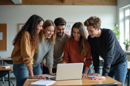 Groupe d'étudiants universitaires en collaboration dans une salle lumineuse