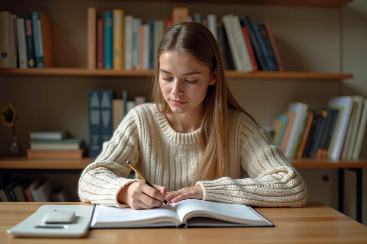 Jeune femme concentrée faisant des exercices de conjugaison du deuxième groupe dans un cahier de grammaire à son bureau