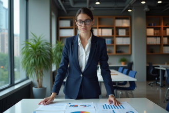 Jeune femme d'affaires en réunion avec graphiques financiers