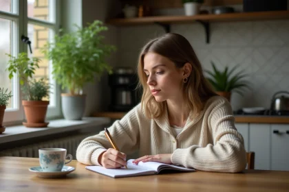 Jeune femme écrivant des verbes français dans un carnet à la maison