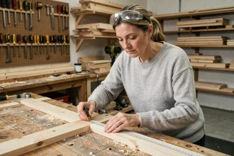Femme adulte en atelier de bricolage mesurant une planche en bois lors d'un cours pratique Bricoludik