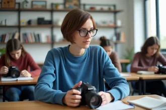 Femme en atelier de photographie avec appareil DSLR