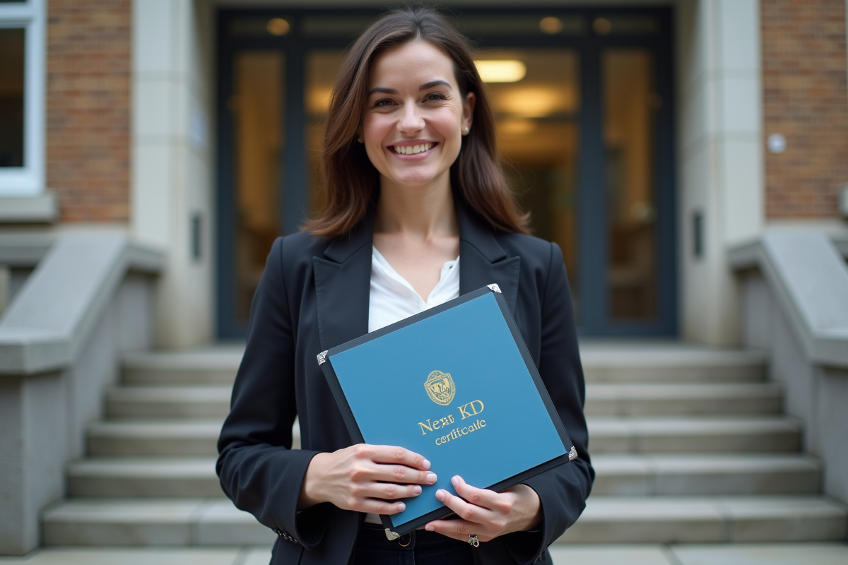 Femme souriante tenant un certificat devant un bâtiment officiel
