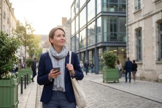 Femme d'affaires dans les rues de Bourges regardant un bâtiment moderne