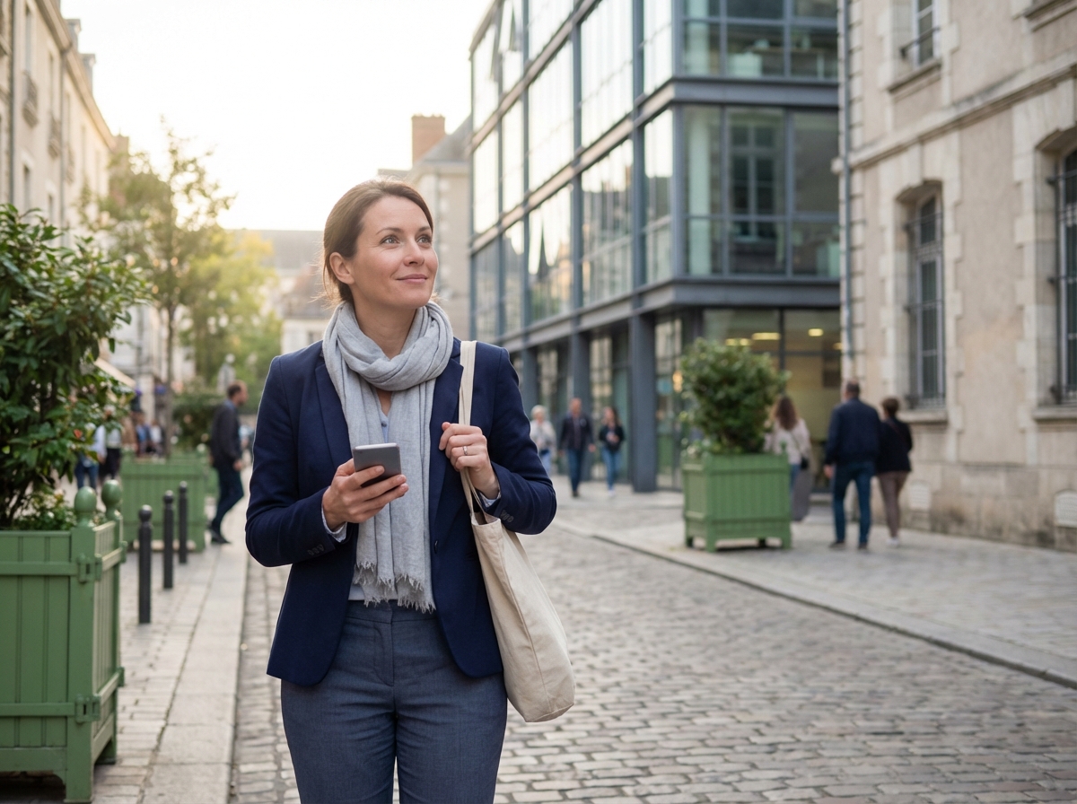 Femme d'affaires dans les rues de Bourges regardant un bâtiment moderne