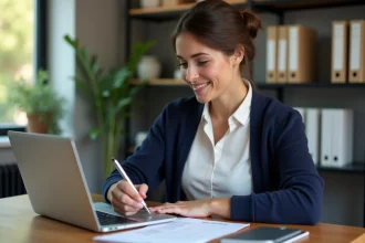 Femme en bureau vérifiant une checklist avec un stylo