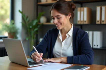 Femme en bureau vérifiant une checklist avec un stylo