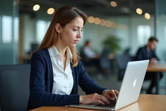 Jeune femme concentrée travaillant sur son ordinateur en bureau
