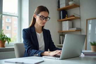 Femme professionnelle configure ses emails dans un bureau lumineux