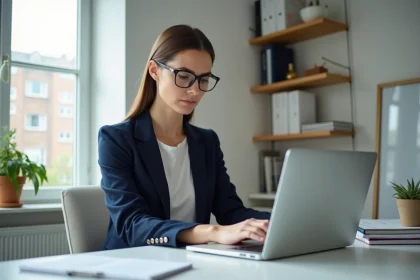 Femme professionnelle configure ses emails dans un bureau lumineux