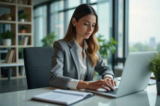 Femme professionnelle concentrée au bureau avec ordinateur