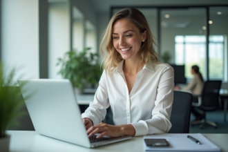 Femme professionnelle souriante travaillant sur un ordinateur dans un bureau moderne