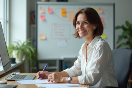 Femme d'âge moyen dans un bureau moderne en train de revoir des documents