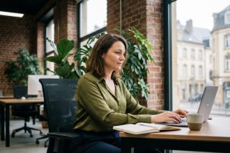 Femme en coworking à Thionville avec ordinateur et plantes