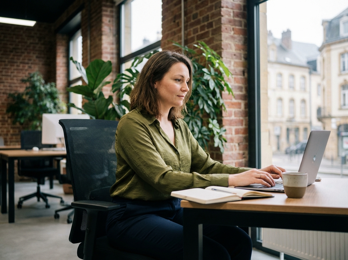 Femme en coworking à Thionville avec ordinateur et plantes