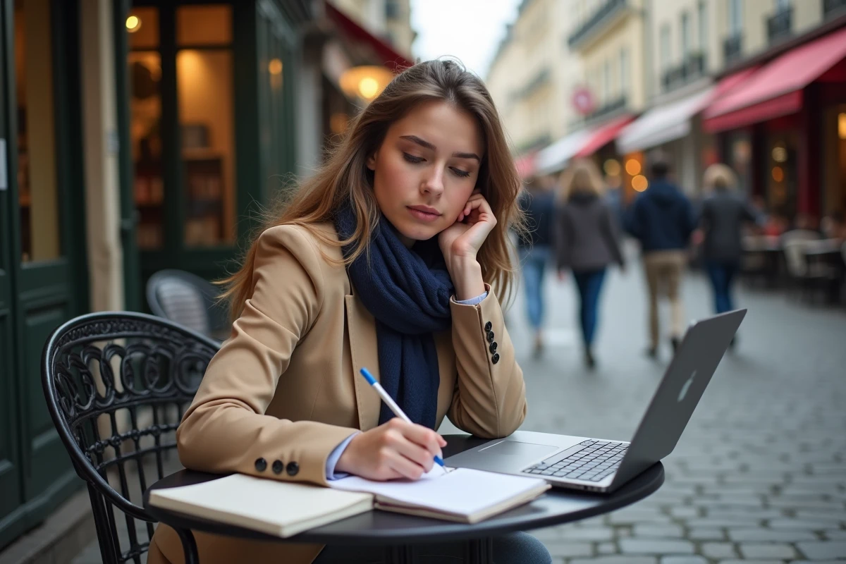 Femme lisant et annotant un essai de littérature au café