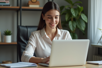 Femme concentrée mettant à jour son CV sur un ordinateur portable