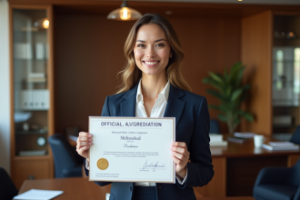 Femme professionnelle tenant un certificat d'accreditation