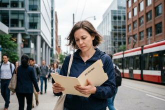 Femme en ville lisant un dossier de CV sur le trottoir