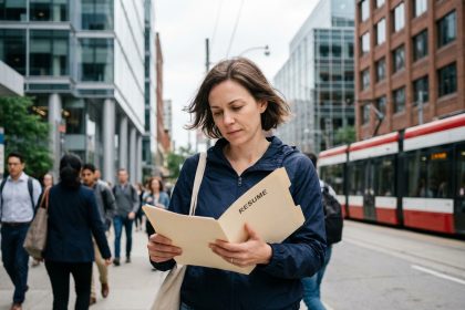 Femme en ville lisant un dossier de CV sur le trottoir