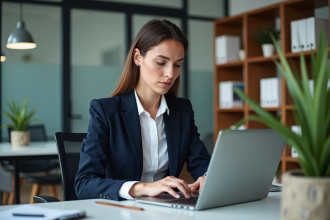 Femme en blazer navy travaillant sur un ordinateur dans un bureau moderne