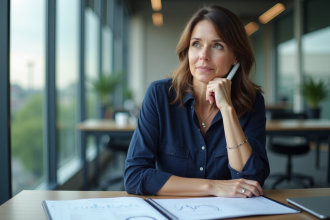 Femme réfléchissant dans un bureau moderne