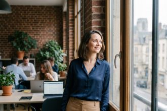 Femme en coworking à Verdun regardant par la fenêtre