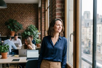 Femme en coworking à Verdun regardant par la fenêtre