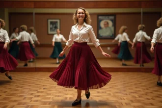 Femme apprenant la danse Madison en studio avec parquet en bois et miroirs