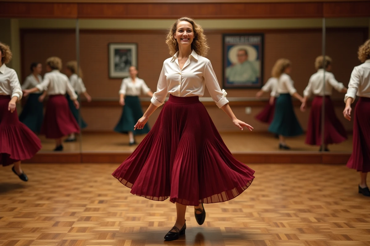 Femme apprenant la danse Madison en studio avec parquet en bois et miroirs