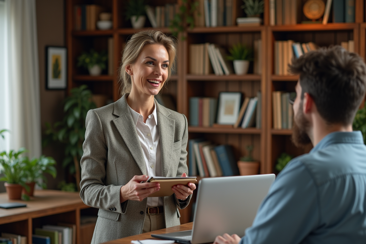 Femme en discussion dans un bureau à domicile chaleureux