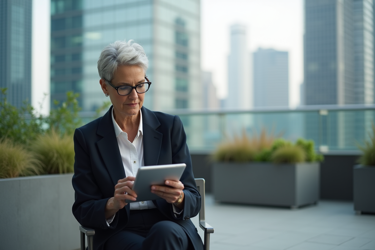Femme entrepreneure regardant une tablette sur un toit urbain