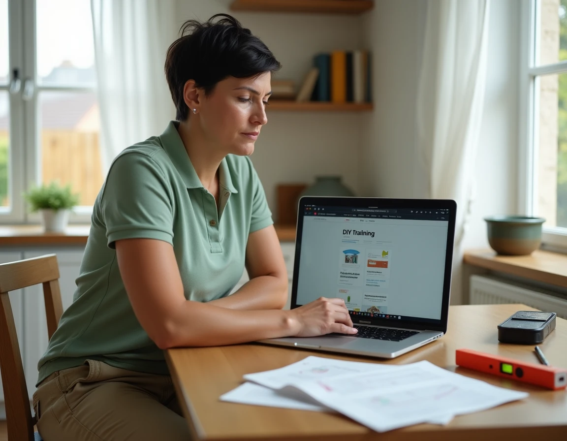 Femme suivant une formation bricolage en ligne à domicile pour préparer une reconversion professionnelle