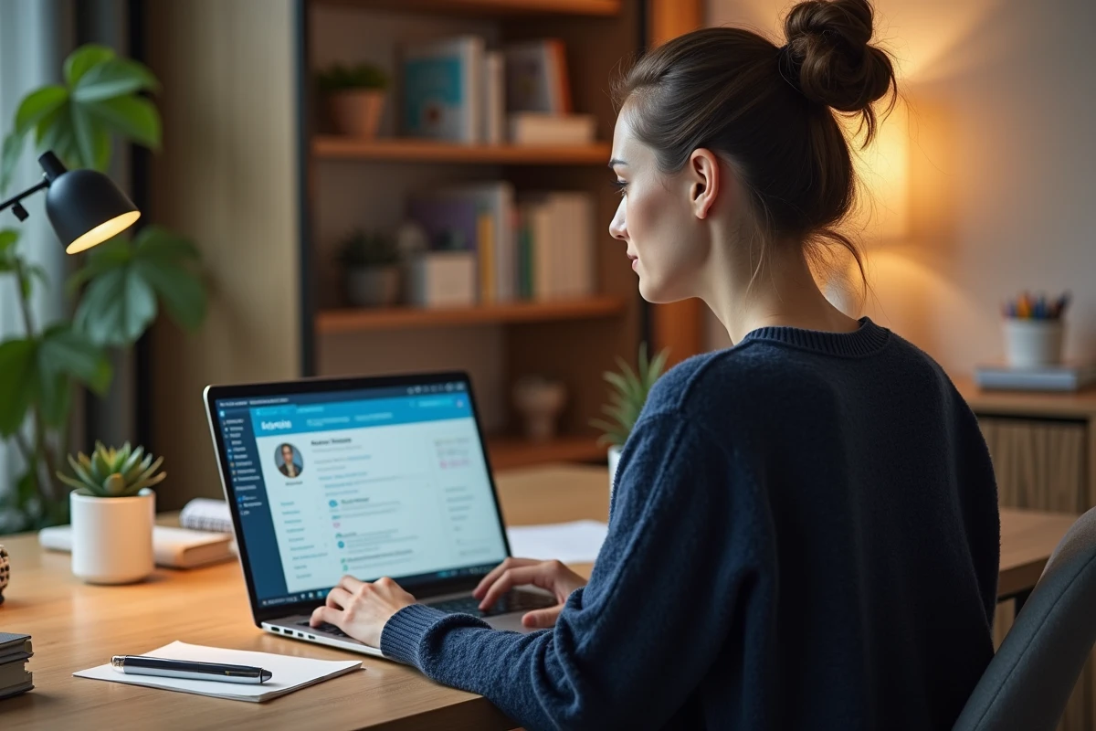 Femme en formation en ligne sur Oulala.net depuis son bureau à domicile, apprenant un métier bien rémunéré