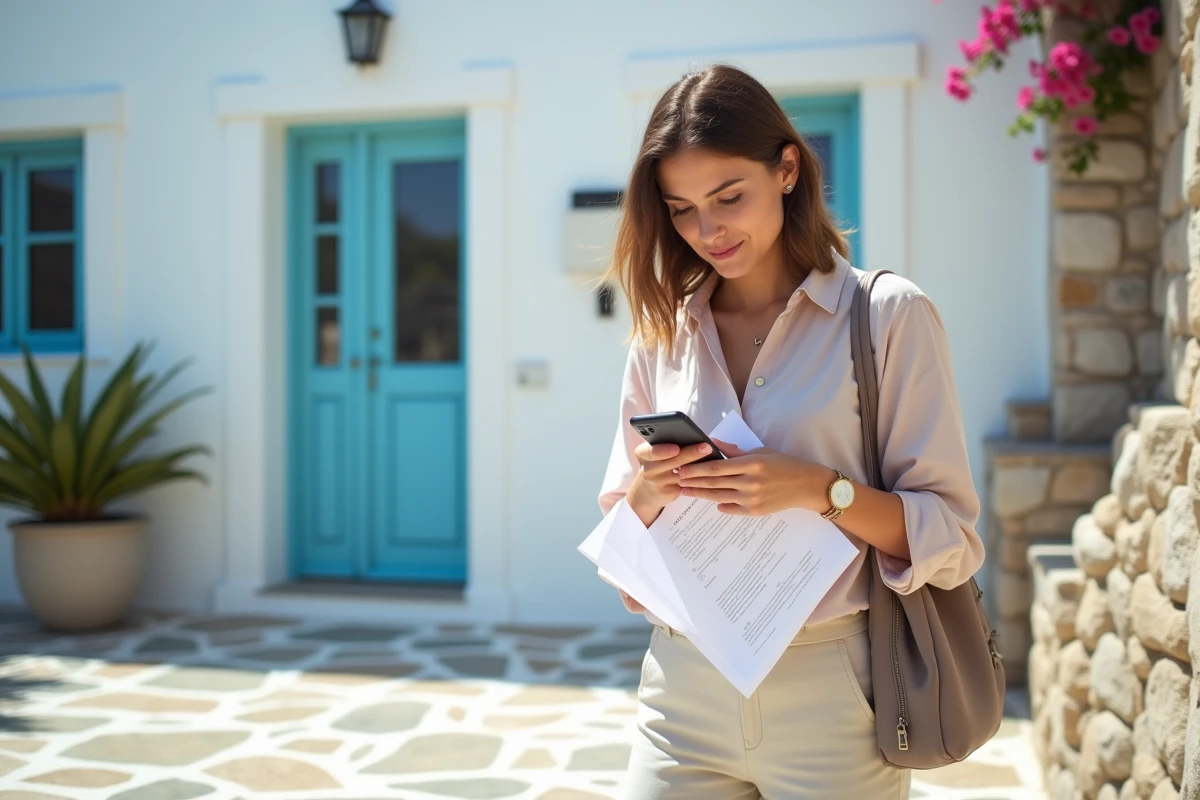 Jeune femme française regardant son smartphone dans une cour