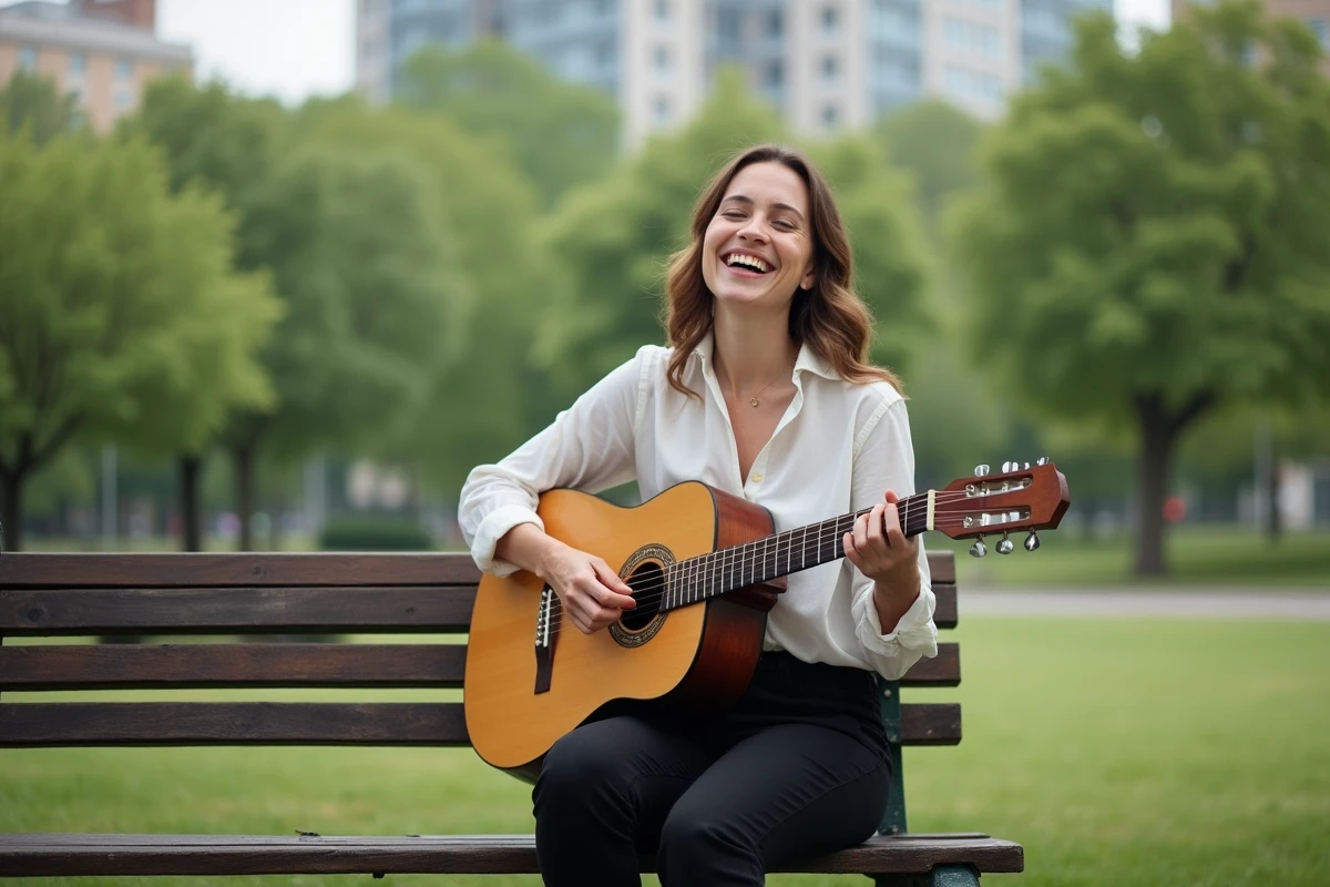 Femme chantant et jouant de la guitare dans un parc urbain