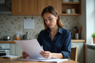 Femme en cuisine lisant des documents avec expression préoccupée
