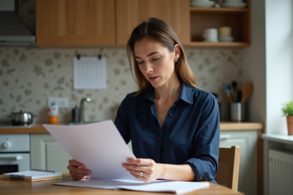 Femme en cuisine lisant des documents avec expression préoccupée