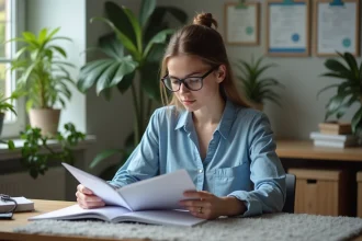 Jeune femme lisant un manuel de soin pour animaux